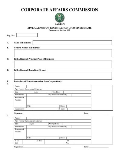 Corporate Affairs Commission (CAC) sample form